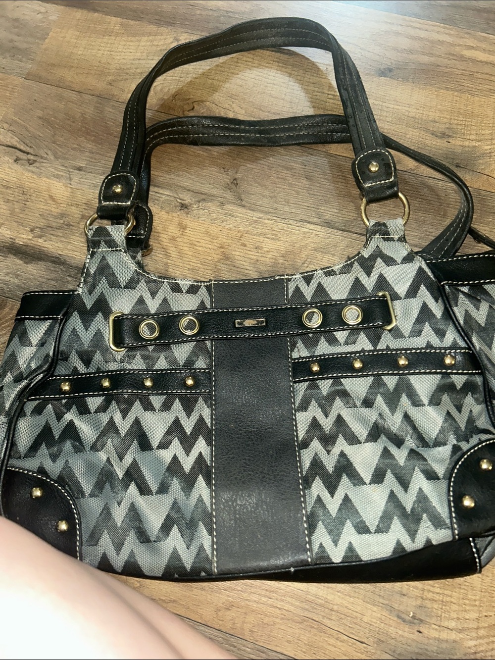 G by Guess Black and Gray Chevron Tote with Gold Stud Accents